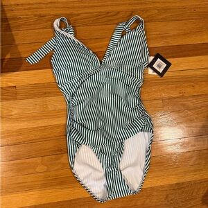 Ellen Tracy Teal and White Striped One Piece Swimsuit